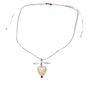 Κολιέ ασημί μακραμέ με λευκό χαολίτη καρδιά και ασημένια φτερά αγγέλου αυξομειούμενο - ημιπολύτιμες πέτρες, νήμα, μέταλλο, κοσμήματα, βαλεντίνος
