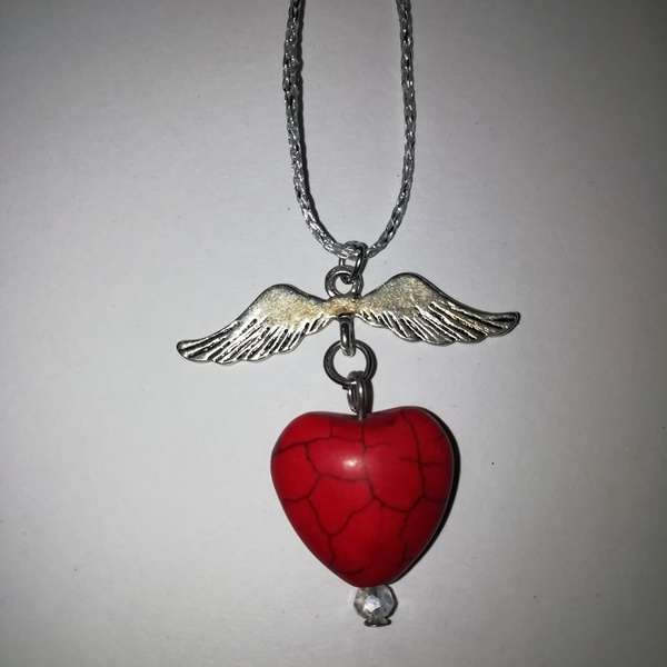 Κολιέ ασημί μακραμέ με κόκκινο χαολίτη καρδιά και ασημί φτερά αγγέλου αυξομειούμενο - ημιπολύτιμες πέτρες, νήμα, μέταλλο, κοσμήματα, βαλεντίνος - 2