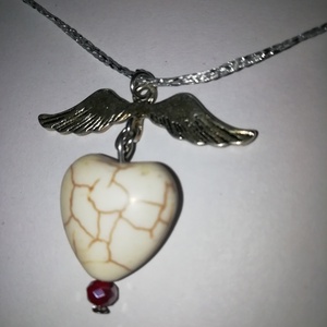 Κολιέ ασημί μακραμέ με λευκό χαολίτη καρδιά και ασημένια φτερά αγγέλου αυξομειούμενο - ημιπολύτιμες πέτρες, νήμα, μέταλλο, κοσμήματα, βαλεντίνος - 2