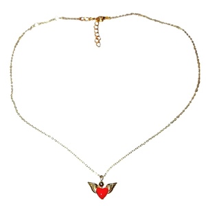Ατσάλινο χρυσό κολιέ με φτερά αγγέλου και καρδιά διπλής όψεως κόκκινο σμάλτο - χρυσό 50cm - καρδιά, μέταλλο, κοσμήματα