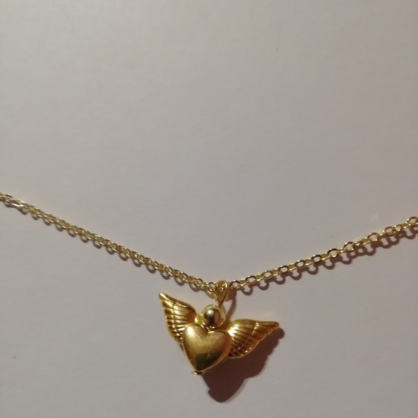 Ατσάλινο χρυσό κολιέ με φτερά αγγέλου και καρδιά διπλής όψεως κόκκινο σμάλτο - χρυσό 50cm - καρδιά, μέταλλο, κοσμήματα - 2