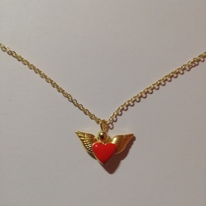Ατσάλινο χρυσό κολιέ με φτερά αγγέλου και καρδιά διπλής όψεως κόκκινο σμάλτο - χρυσό 50cm - καρδιά, μέταλλο, κοσμήματα - 3