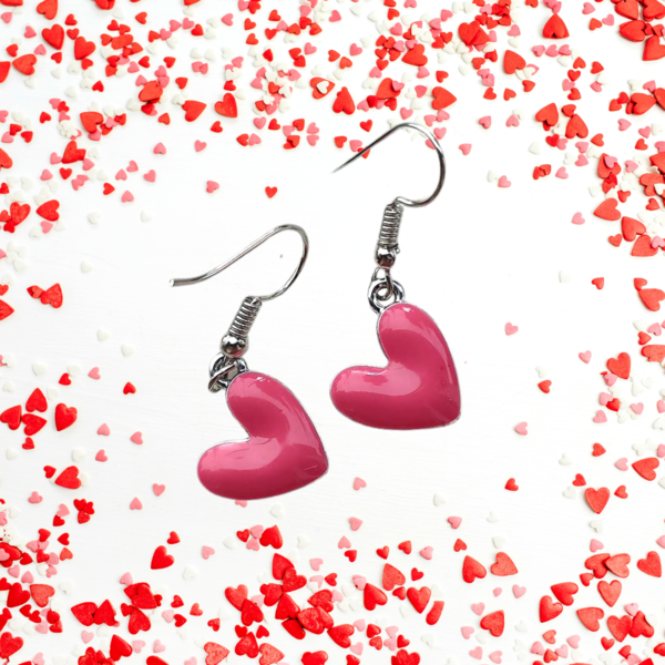 Κρεμαστά σκουλαρίκια ροζ καρδιές 4 εκ. - καρδιά, κρεμαστά, γάντζος, zamak - 2
