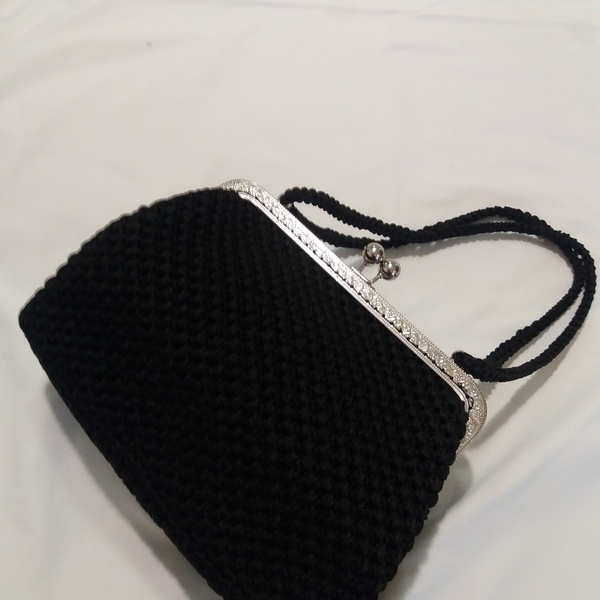 Μαύρη χειροποίητη τσάντα - νήμα, clutch, all day, χειρός, πλεκτές τσάντες - 2