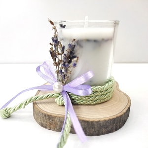Χειροποίητο κερί με άρωμα λεβάντας με ξύλινη βάση ελιάς 6εκΧ8εκ σε γυάλινο ποτηράκι - γάμου - 3