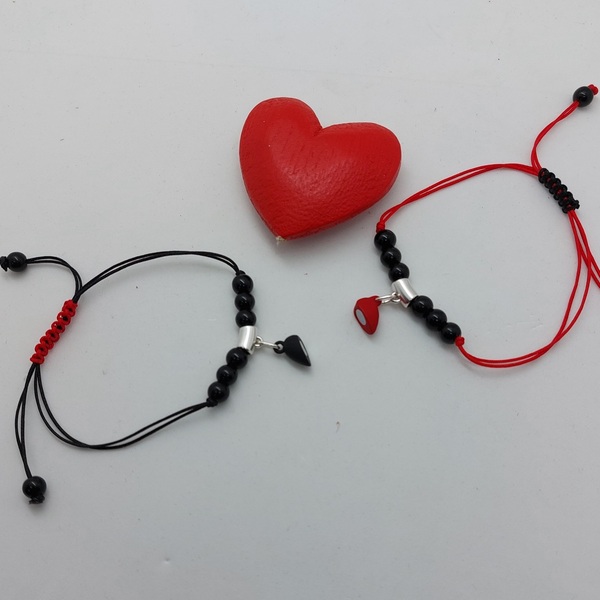 Βραχιόλια σετ με καρδούλα μαγνήτη σε μαυρο-κοκκινο για ζευγαρι - πέτρα, καρδιά, κοσμήματα, χεριού - 2