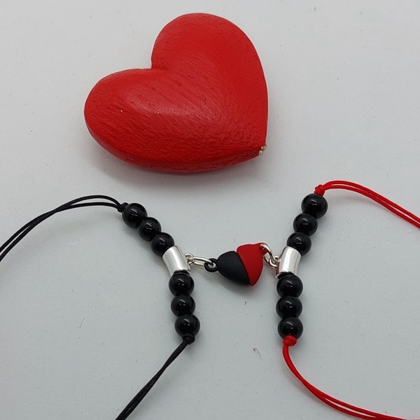 Βραχιόλια σετ με καρδούλα μαγνήτη σε μαυρο-κοκκινο για ζευγαρι - πέτρα, καρδιά, κοσμήματα, χεριού - 3