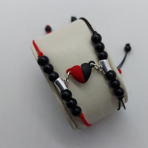 Βραχιόλια σετ με καρδούλα μαγνήτη σε μαυρο-κοκκινο για ζευγαρι - πέτρα, καρδιά, κοσμήματα, χεριού - 4
