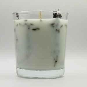 Αρωματικό κερί 200γρμ λευκό σε γυάλινο βάζο 9εκΧ8εκ με άρωμα λεβάντας και αποξηραμένη λεβάντα - αρωματικά κεριά - 4