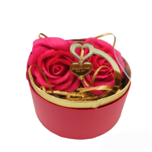 Στρογγυλό κουτι με soap rose με κρεμαστή καρδιά με μήνυμα - plexi glass, σετ δώρου