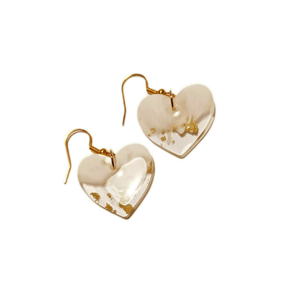 Σκουλαρίκια από ρητίνη καρδιές 2.3 εκ. λευκά με φύλλα χρυσού - γυαλί, ρητίνη, κρεμαστά, γάντζος, φθηνά - 2