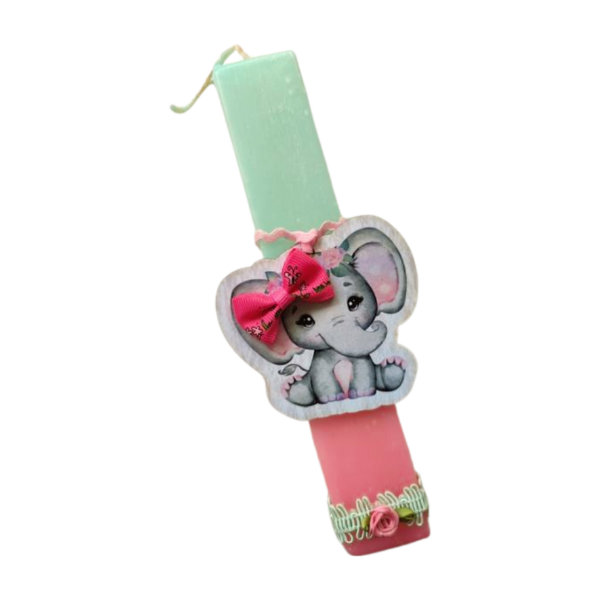 Χειροποίητη Αρωματική Πλακέ Γαλάζια - Ροζ Λαμπάδα 23cm - Μωρό ελεφαντάκι - λουλούδια, λαμπάδες, για παιδιά, ζωάκια, για μωρά