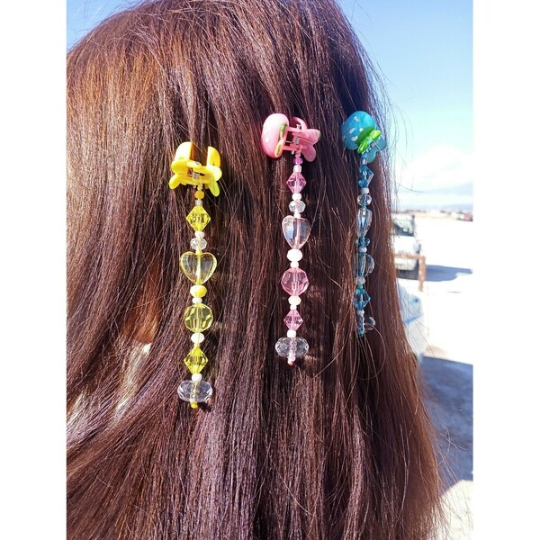 Σετ 3 κοκαλάκια μαλλιών ροζ, γαλάζιο, κίτρινο. - πλαστικό, ακρυλικό, hair clips - 2