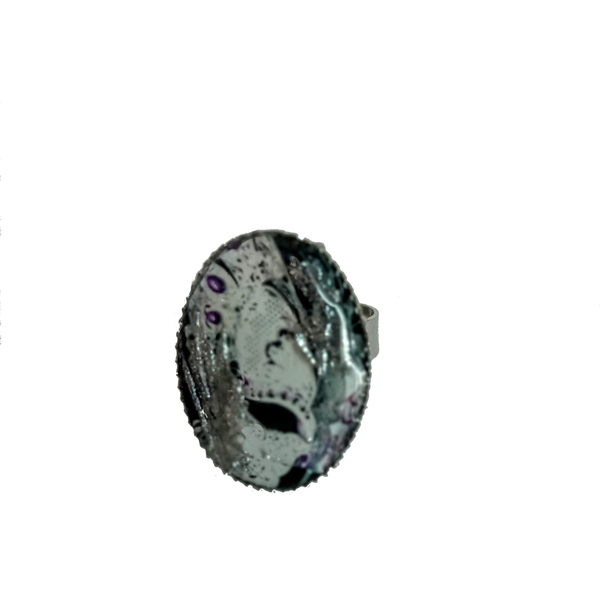 Γυναικείο χειροποίητο αυξομειούμενο δαχτυλίδι βενετσιάνικη μάσκα με υγρό γυαλί σε ασημί και μωβ - γυαλί, χειροποίητα, αυξομειούμενα, φθηνά