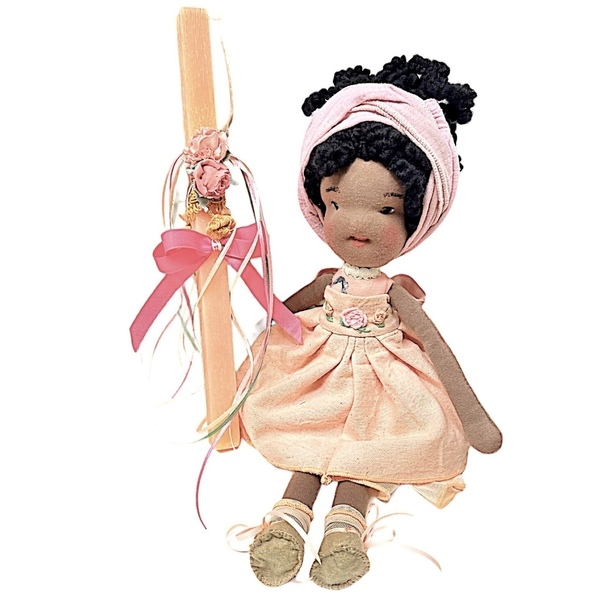 Λαμπάδα αρωματική ροζ-σομών .με χειροποίητη κούκλα 50 εκατ.ύψος με μαύρα μαλλιά - κορίτσι, λαμπάδες, σετ, για παιδιά, παιχνιδολαμπάδες - 2