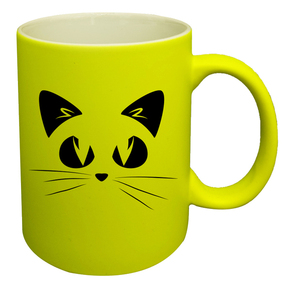 Κούπα κίτρινη φωσφοριζέ 11oz "Cat face" - πορσελάνη, κούπες & φλυτζάνια