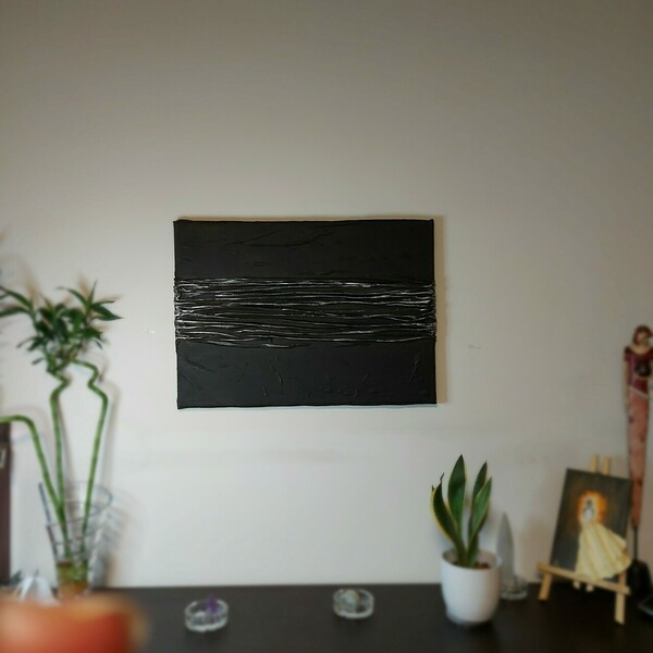 Πίνακας με ακρυλικά και ύφασμα μαύρος με ασημί στοιχεία (50x70) - πίνακες & κάδρα, πίνακες ζωγραφικής - 2