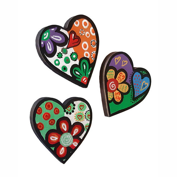Ξύλινα μαγνητάκια καρδιές με μαργαρίτες 5,2x4,8x0,7 εκ. (1 τμχ.) - ξύλο, ζωγραφισμένα στο χέρι, καρδιά, χειροποίητα, μαγνητάκια ψυγείου - 2