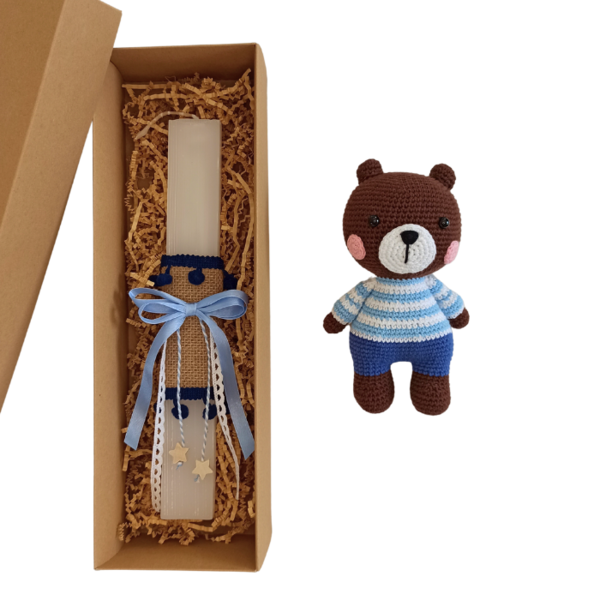 Σετ πλεκτό αρκουδάκι με γαλάζια ριγέ ρούχα 19cm και χειροποίητη λαμπάδα - αγόρι, λαμπάδες, για παιδιά, ζωάκια, για μωρά