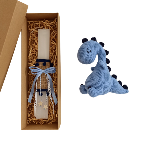 Σετ πλεκτός γαλάζιος δεινόσαυρος 20cm και χειροποίητη λαμπάδα - αγόρι, λαμπάδες, για παιδιά, δώρο πάσχα, ζωάκια