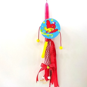 Λαμπάδα κόκκινη 30εκ χ7εκ μουσικό τυμπανάκι με πουλάκια και κόκκινη κορδέλα - λαμπάδες, για παιδιά - 2