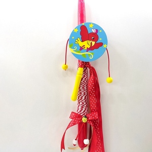 Λαμπάδα κόκκινη 30εκ χ7εκ μουσικό τυμπανάκι με πουλάκια και κόκκινη κορδέλα - λαμπάδες, για παιδιά - 4