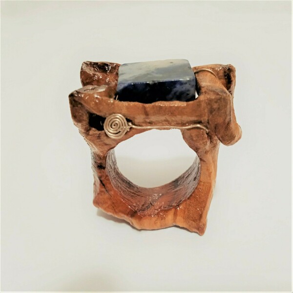 Ancient 2 δακτυλίδι ανατομικό από Ξύλο Ελιάς με Σοδαλίτη και Ασήμι 925 - ημιπολύτιμες πέτρες, σταθερά, μεγάλα - 2
