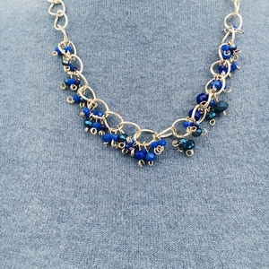Ατσάλινη αλυσίδα με μεγάλους κρίκους και μπλε γυάλινες πέτρες - γυαλί, κοντά, ατσάλι, μπλε χάντρα - 3