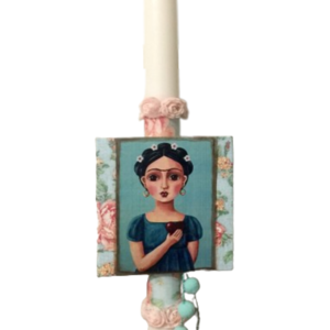 Λαμπάδα "Frida in love" καμβάς με μαγνητάκι - λουλούδια, λαμπάδες, για ενήλικες, για εφήβους - 3