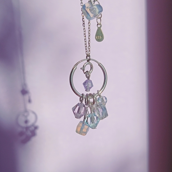 Celestial Dreamcatcher ~ Χειροποίητο κολιέ από ασήμι 925 με κρυστάλλινες χάντρες, οπάλιο και κρυσταλλάκια swarovski - ημιπολύτιμες πέτρες, charms, ασήμι 925, κρεμαστά - 2