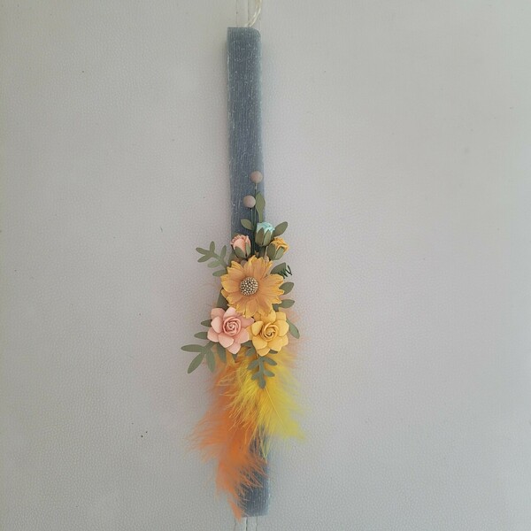 Λαμπάδα γκρι, ξυστή, αρωματική 29 cm. Μπουκέτο από λουλούδια και φτερά! - κορίτσι, λουλούδια, λαμπάδες, χειροποίητα - 4