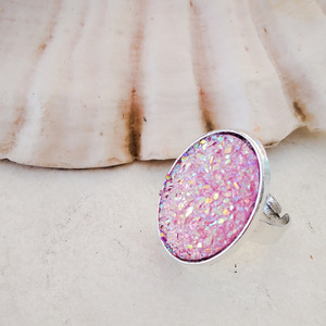 Δαχτυλίδι με ροζ ιριδιζον στρας - ορείχαλκος, επάργυρα, χάντρες, μεγάλα, αυξομειούμενα - 2