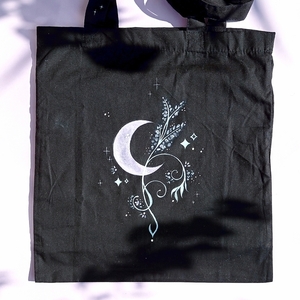 Moonflower ~ Βαμβακερη οικολογική τσάντα (Tote Bag) με χειροποίητο σχέδιο, μαύρο χρώμα - βαμβάκι, μεγάλες, tote, πάνινες τσάντες, 100% βαμβακερό