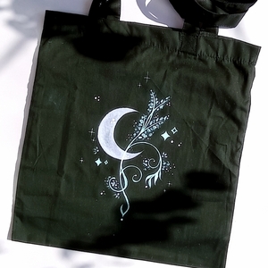 Moonflower ~ Βαμβακερη οικολογική τσάντα (Tote Bag) με χειροποίητο σχέδιο, μαύρο χρώμα - βαμβάκι, μεγάλες, tote, πάνινες τσάντες, 100% βαμβακερό - 3