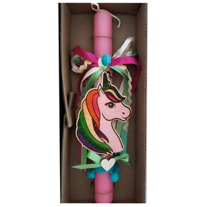 Λαμπάδα ροζ κοντή "Μονόκερος" ξύλινος(25cm) - κορίτσι, λαμπάδες, μονόκερος, για παιδιά, πασχαλινά δώρα