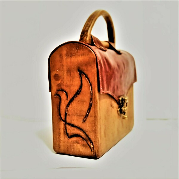 Τσάντα χειρός από Ξύλο Φλαμουριάς με Σκαλιστό πουλί, με Δέρμα γκρενά και vintage κούμπωμα άγκιστρο - δέρμα, ξύλο, all day, χειρός - 2