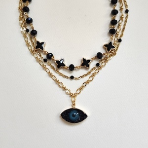 Τριπλό κολιέ Evil eye. - ορείχαλκος, μάτι, κοντά, ατσάλι, layering