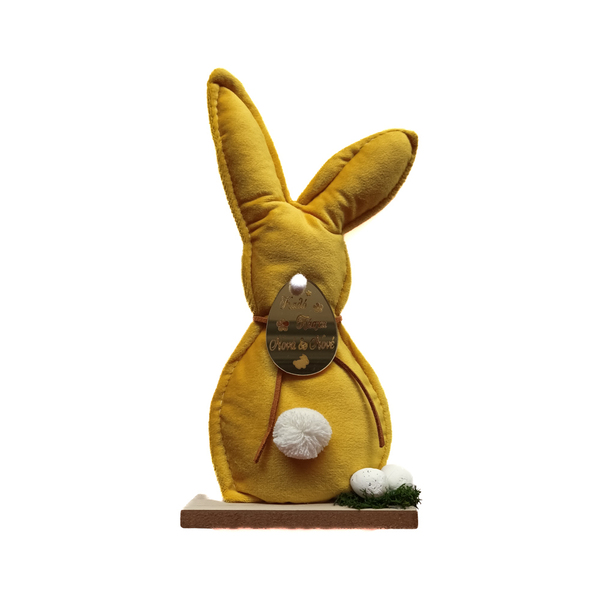 Πασχαλινός κίτρινος λαγός από βελούδο με plexiglass αυγό Νονός και Νονά(ύψος 24 εκ.) - γιαγιά, διακοσμητικά, πασχαλινά δώρα, διακοσμητικό πασχαλινό - 2