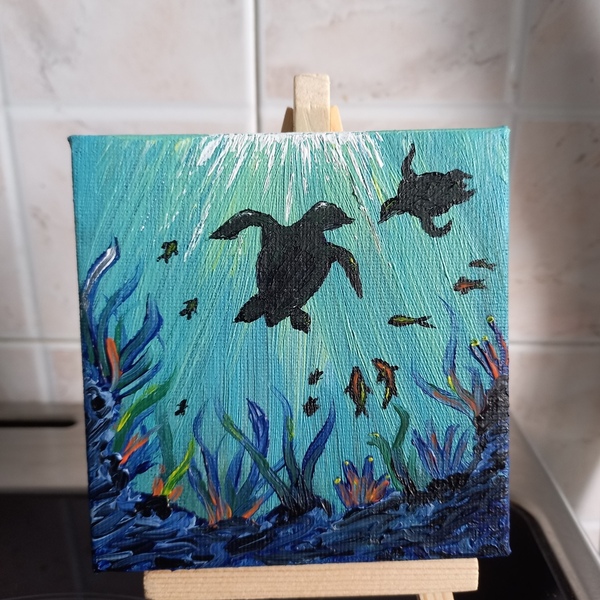 Ζωγραφική σε καμβά 10x10εκ. (Sea turtles) - πίνακες & κάδρα, πίνακες ζωγραφικής