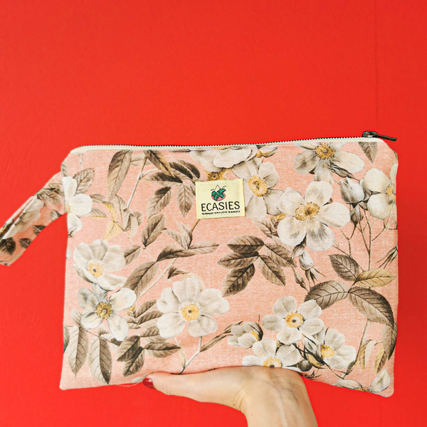Τσάντα με Αδιάβροχη επένδυση Ροζ Φλοραλ - ύφασμα, clutch, φλοράλ, χειρός, μικρές