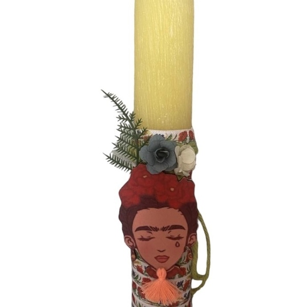Πασχαλινή λαμπάδα κορίτσι με λουλούδια yellow - λαμπάδες, ανοιξιάτικα λουλούδια, με ξύλινο στοιχείο