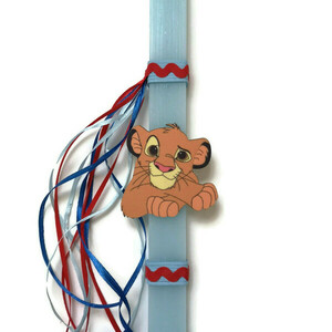 Χειροποίητη αρωματική γαλάζια λαμπάδα με ξύλινη φιγούρα Σίμπα lion king . 32 εκατοστά - αγόρι, λαμπάδες, για παιδιά, για εφήβους, για μωρά