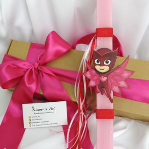 Χειροποίητη αρωματική ροζ λαμπάδα με ξύλινη φιγούρα ολετ (Owlette) πυτζαμοηρωες (pjmasks) . 32 εκατοστά - κορίτσι, λαμπάδες, για παιδιά, για εφήβους, για μωρά - 2