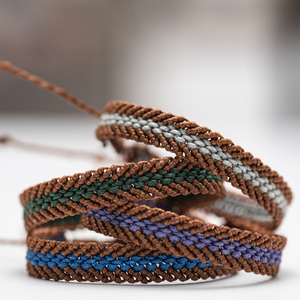 Unisex καφέ και μπλε βραχιόλι μακραμε - brown and blue macrame bracelet - ύφασμα, μακραμέ, boho, χεριού, αυξομειούμενα - 3