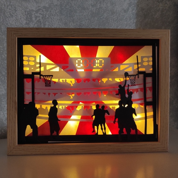 Φωτιζόμενο 3D κάδρο (shadow box) μπάσκετ - χαρτί, διακοσμητικά, κορνίζες - 2