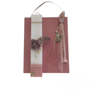 Πασχαλινή αρωματική λαμπάδα 20 εκ. με βελούδινο λουλούδι σε ροζ ξύλινη πλάτη - κορίτσι, λουλούδια, λαμπάδες, για ενήλικες, για εφήβους