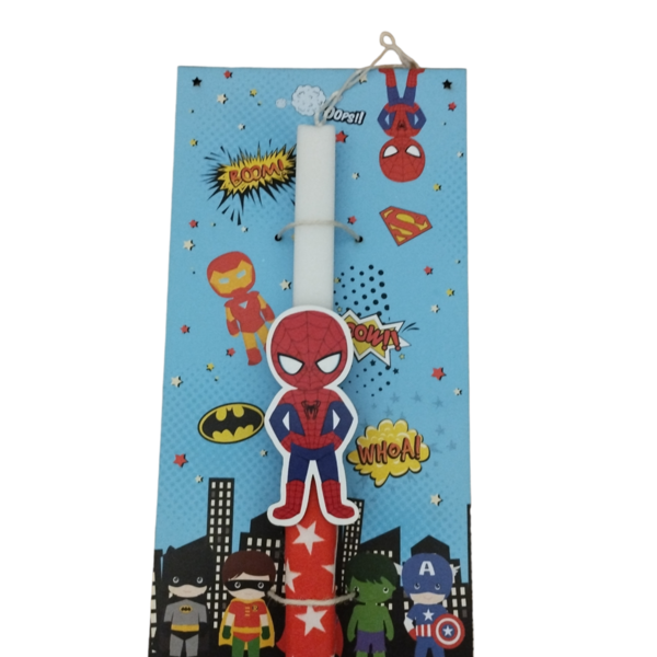 Λαμπάδα τετράγωνη 25 εκατοστά στολισμένη με ξύλινο spiderman σε βάση με σούπερ ήρωες - αγόρι, λαμπάδες, σετ, για παιδιά, για μωρά - 2