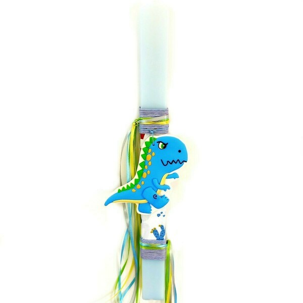 Λαμπάδα με γαλάζιο Τ-Rex από πολυμερικό πηλό σε πλακέ κερί (38*3*1 εκ.) - αγόρι, λαμπάδες, δεινόσαυρος, για παιδιά, ζωάκια