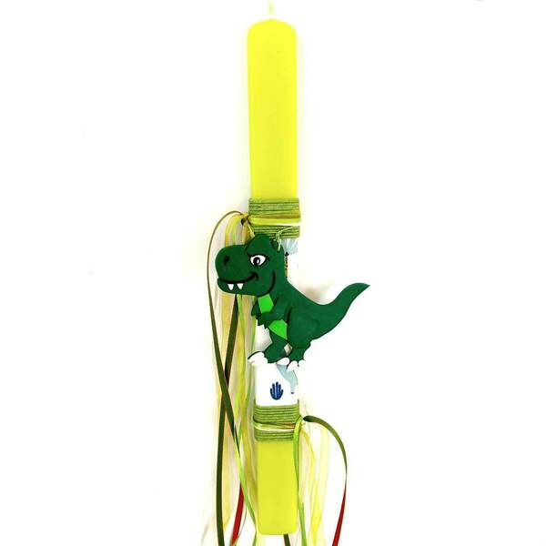 Λαμπάδα με πράσινο Τ-Rex από πολυμερικό πηλό σε πλακέ κερί (38*3*1 εκ.) - αγόρι, λαμπάδες, δεινόσαυρος, για παιδιά, ζωάκια