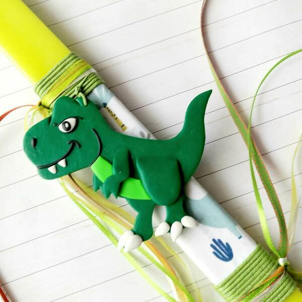 Λαμπάδα με πράσινο Τ-Rex από πολυμερικό πηλό σε πλακέ κερί (38*3*1 εκ.) - αγόρι, λαμπάδες, δεινόσαυρος, για παιδιά, ζωάκια - 2